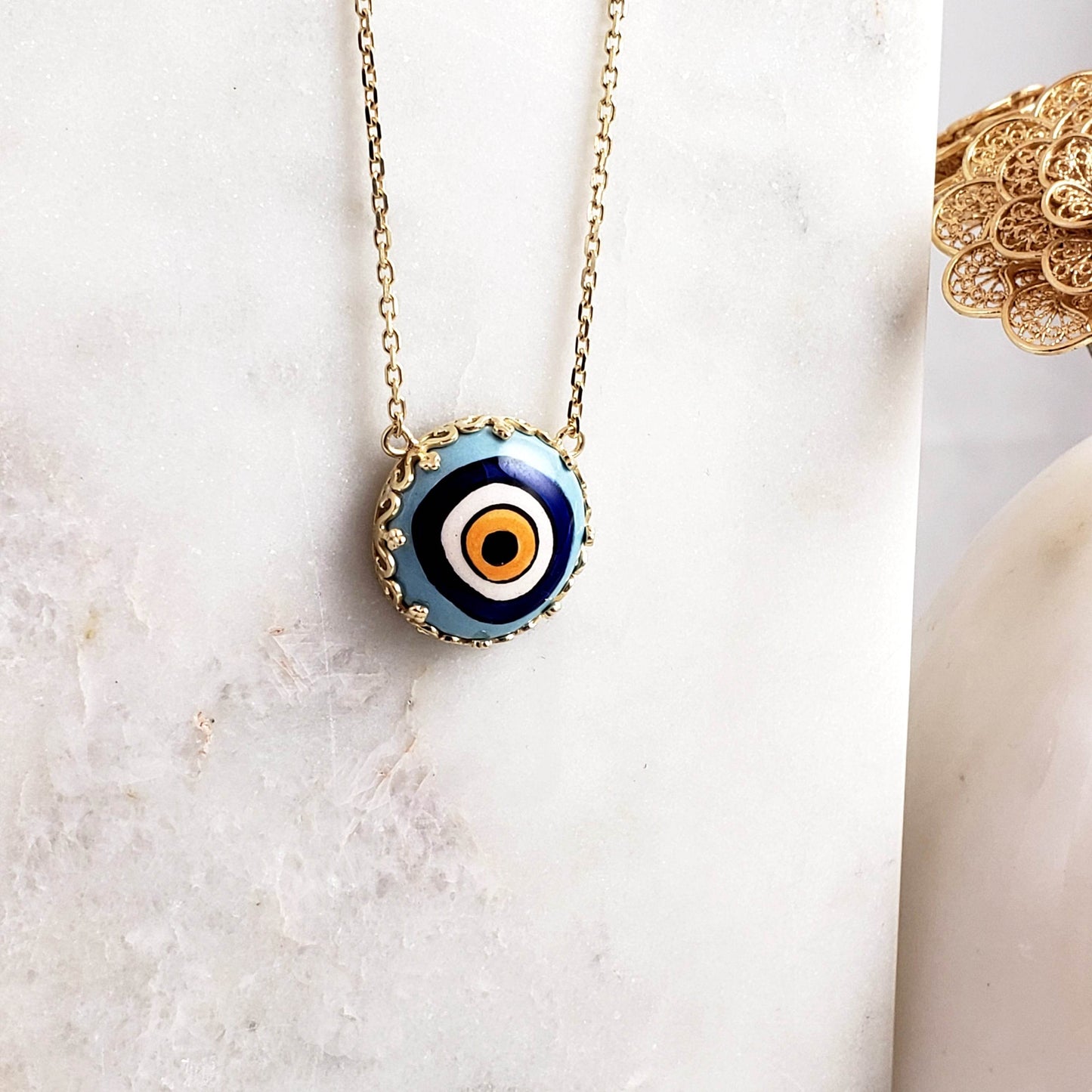 Gold over Silver Hand Painted Ceramic One of a Kind Evil Eye Necklace 18+2 - TurkishBling