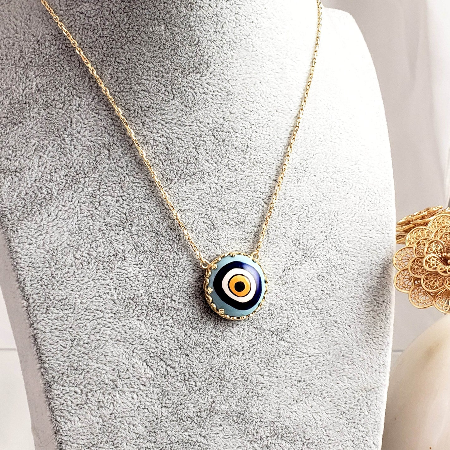 Gold over Silver Hand Painted Ceramic One of a Kind Evil Eye Necklace 18+2 - TurkishBling