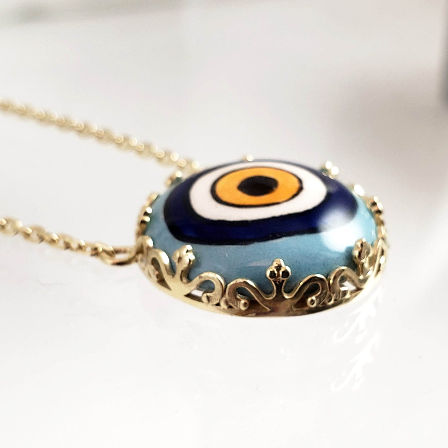 Gold over Silver Hand Painted Ceramic One of a Kind Evil Eye Necklace 18+2 - TurkishBling