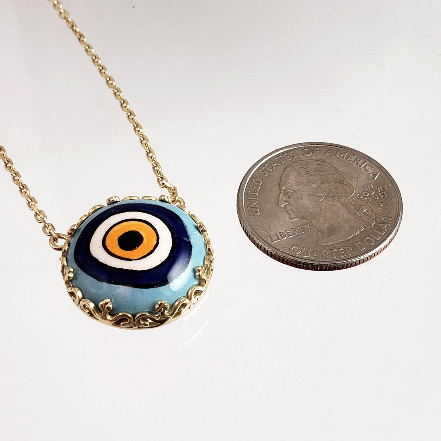Gold over Silver Hand Painted Ceramic One of a Kind Evil Eye Necklace 18+2 - TurkishBling