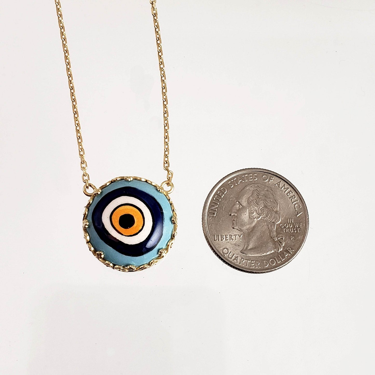 Gold over Silver Hand Painted Ceramic One of a Kind Evil Eye Necklace 18+2 - TurkishBling