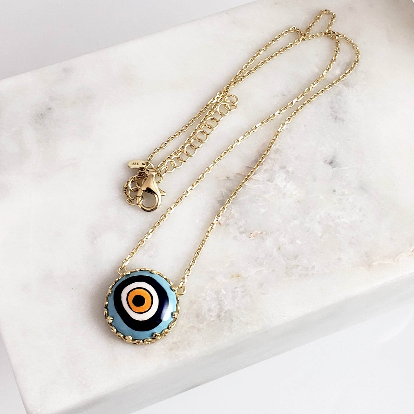 Gold over Silver Hand Painted Ceramic One of a Kind Evil Eye Necklace 18+2 - TurkishBling