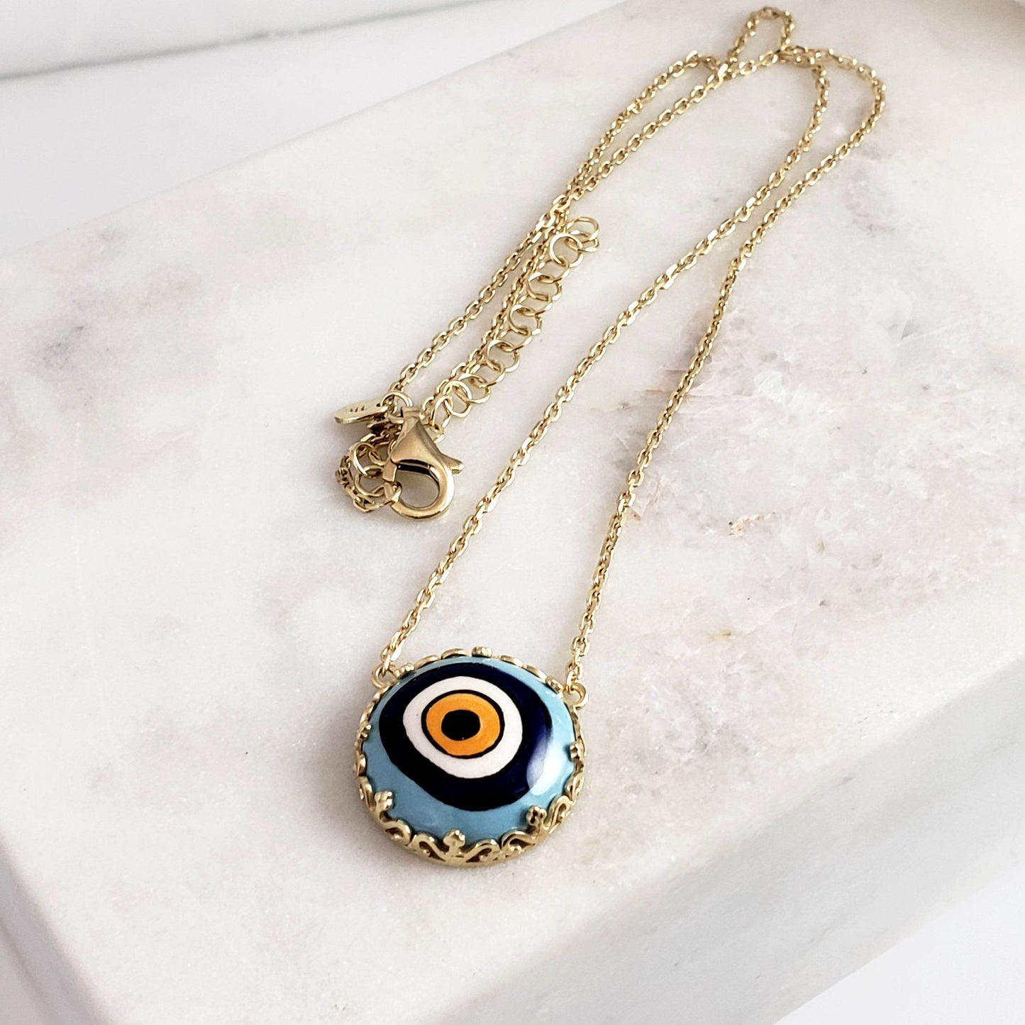 Gold over Silver Hand Painted Ceramic One of a Kind Evil Eye Necklace 18+2 - TurkishBling
