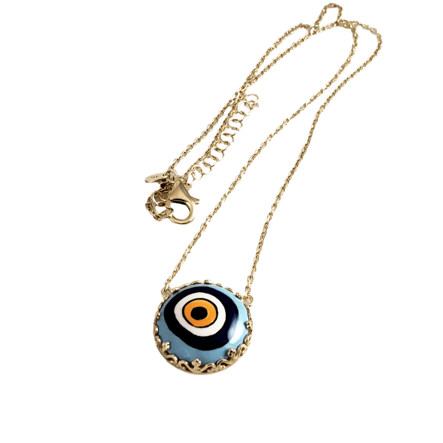 Gold over Silver Hand Painted Ceramic One of a Kind Evil Eye Necklace 18+2 - TurkishBling