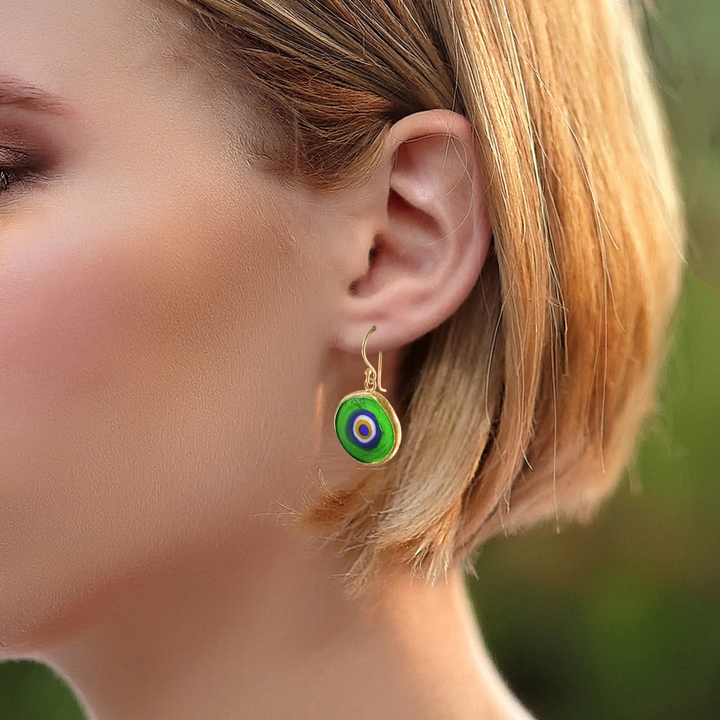 Green Evil Eye Dangle Earring with Round Glass Bead