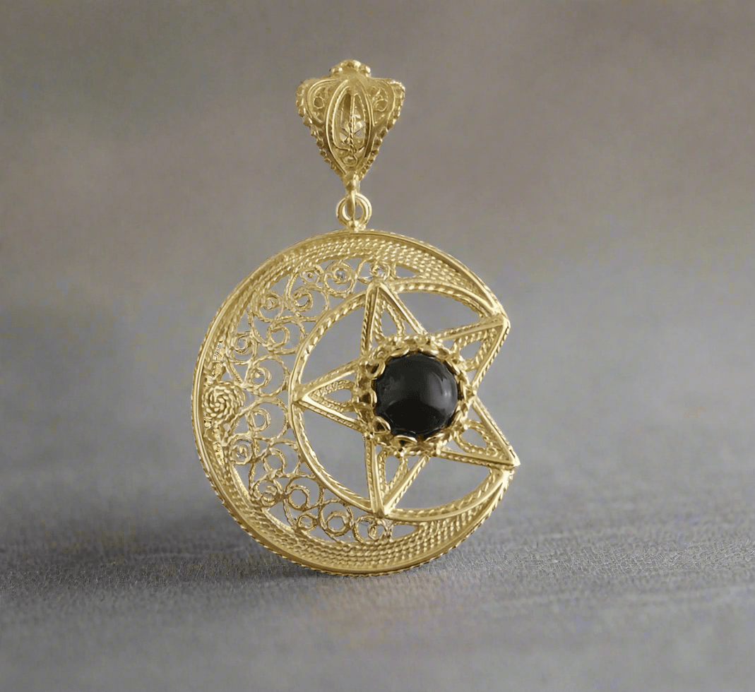 Gold Crescent Moon and Star Pendant with Black Onyx – Handcrafted Celestial Jewelry - TurkishBling