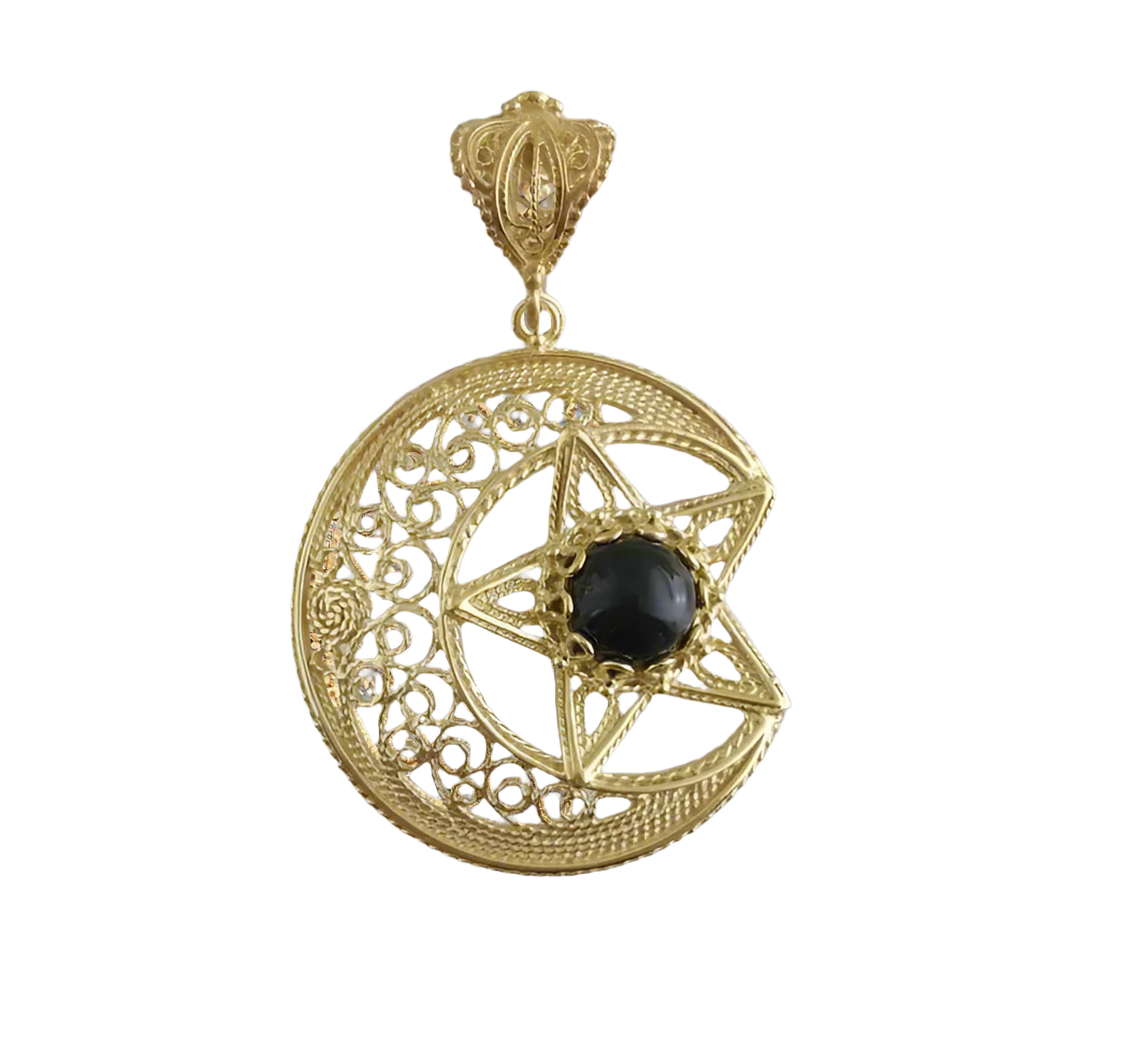 Gold Crescent Moon and Star Pendant with Black Onyx – Handcrafted Celestial Jewelry