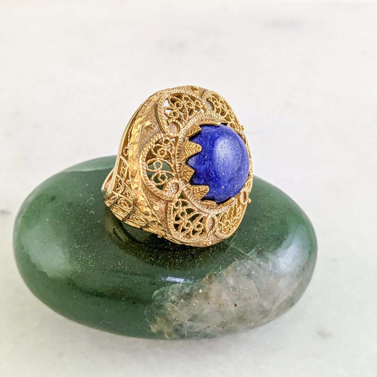 Lapis Statement Ring with Intricate Filigree Bezel