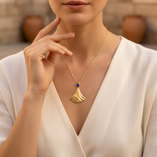 Rumi Fan Pendant Gold Statement Necklace Lapis Lazuli or Mother of Pearl