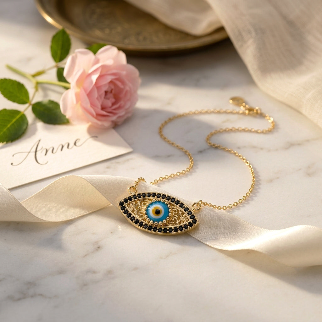 Evil Eye Gold Necklace 18k Gold Over Bronze Nazar Pendant Black CZ Turkish Protection Jewelry