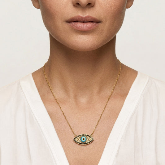 Evil Eye Gold Necklace 18k Gold Over Bronze Nazar Pendant Black CZ Turkish Protection Jewelry