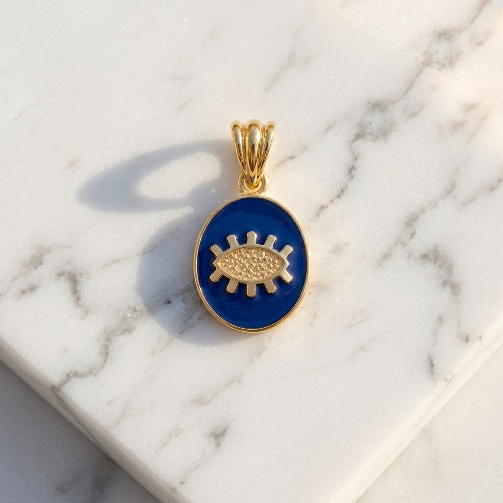 Gold Evil Eye Pendant Navy Blue Enamel Nazar Charm Pendant