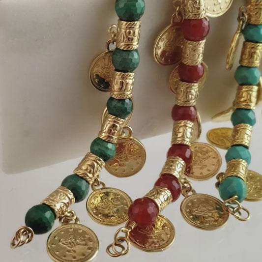 Coin Charm Bracelet with Faceted Gemstone Beads