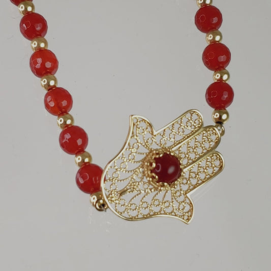 Charming Gold Plated Filigree Carnelian Bead Hamsa Bracelet