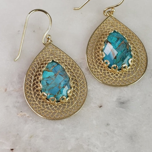 Teardrop Filigree Earrings with Blue Turquoise Inlay – Gold over Sterling Silver