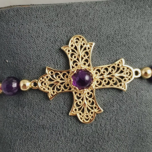 Filigree Cross Bracelet with Amethyst Beads
