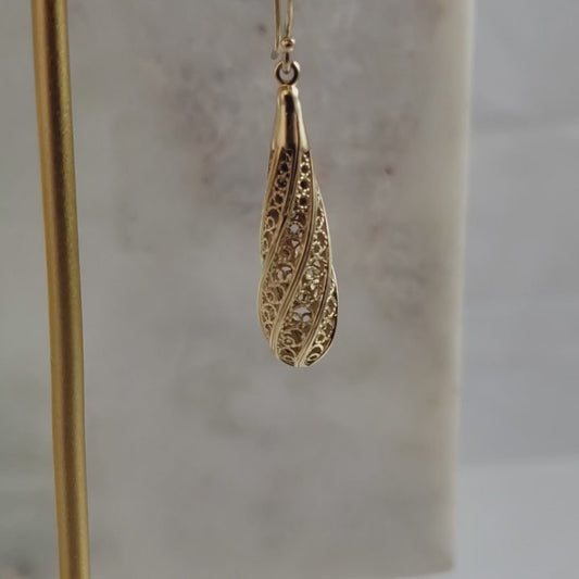 Long Swirl Filigree Drop Earrings with Twisted Pattern
