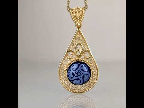 Filigree Drop Pendant with Blue Ceramic Center