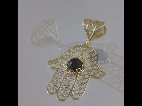 18K Gold Over Bronze Filigree Hamsa Gemstone Pendant with Black Onyx