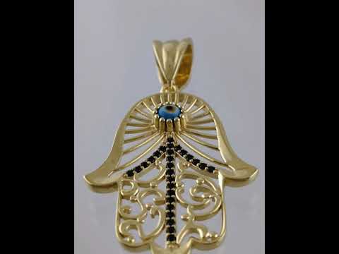Hamsa Pendant with Black Spinel and Evil Eye – Gold over Sterling Silver, Enhancer Clasp