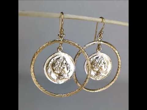 Ancient Coin Earrings in Cable Hoop on Hooks