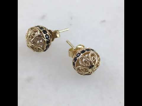 Black Spinel Stud Earrings – Petite Filigree Ball Design in Gold