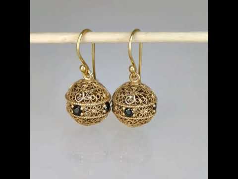 Scrollwork Ball Earrings with Black Spinels