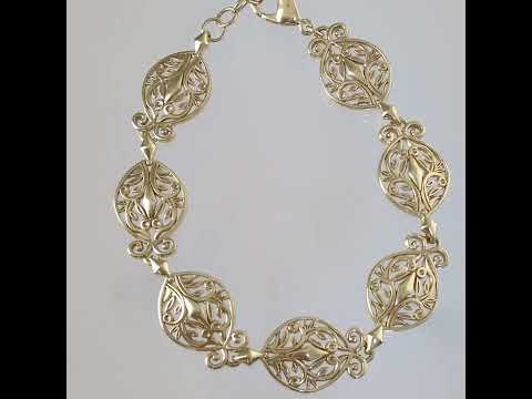 Filigree Link Bracelet with Ornate Detailing - Artisan Handmade Floral Bracelet in 18K Gold Over Bronze
