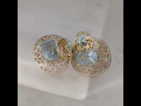 Scrollwork Quartz Filigree Stud Earrings - Choice of Genuine Sky Blue Topaz, Morganite, Tanzanite Color Quartz