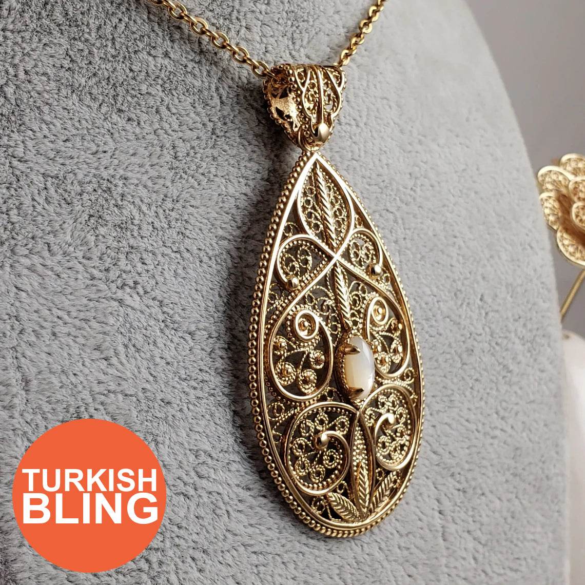 18K Gold Plated 10 x 5mm Gemstone Filigree Pendant - TurkishBling