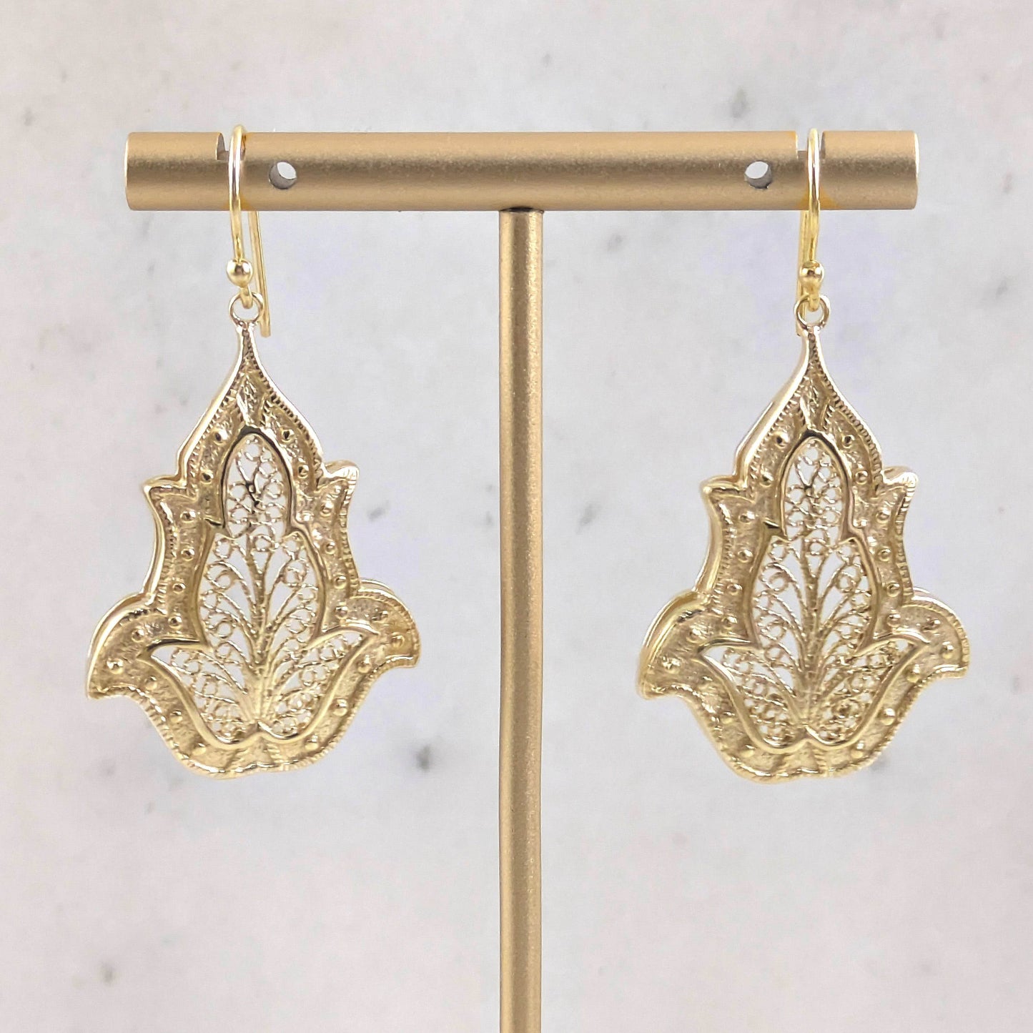 Ornate Filigree Dangle Earrings with Floral Tulip Motif - TurkishBling
