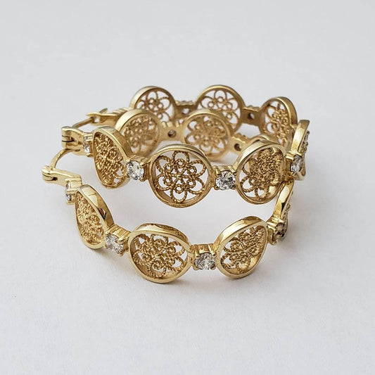 Filigree Floral Hoop Earrings with Gemstones - TurkishBling