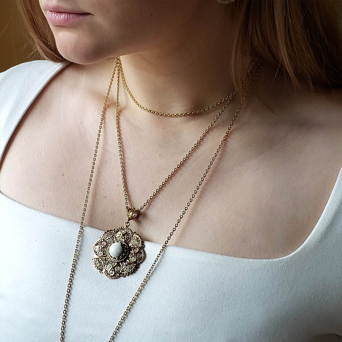 18K Gold Plated 12mm Gem & Flower Filigree Pendant - TurkishBling