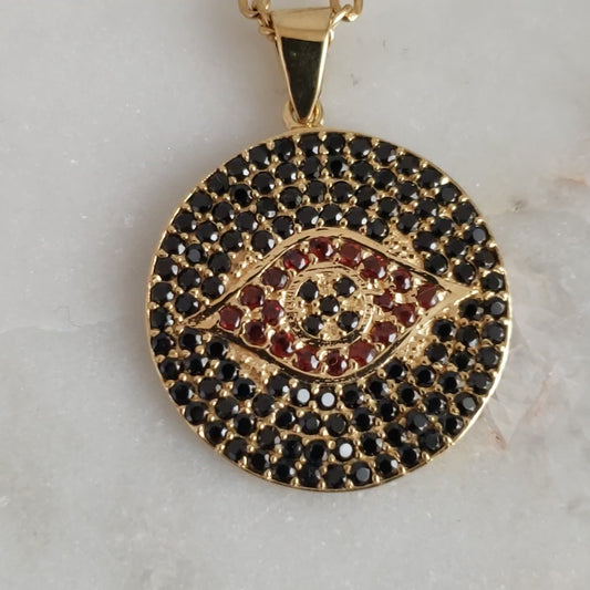 Gold over Bronze Protective Evil Eye Medallion Gemstone Pendant Necklace