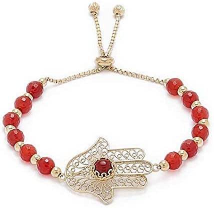 Charming Gold Plated Filigree Carnelian Bead Hamsa Bracelet - TurkishBling