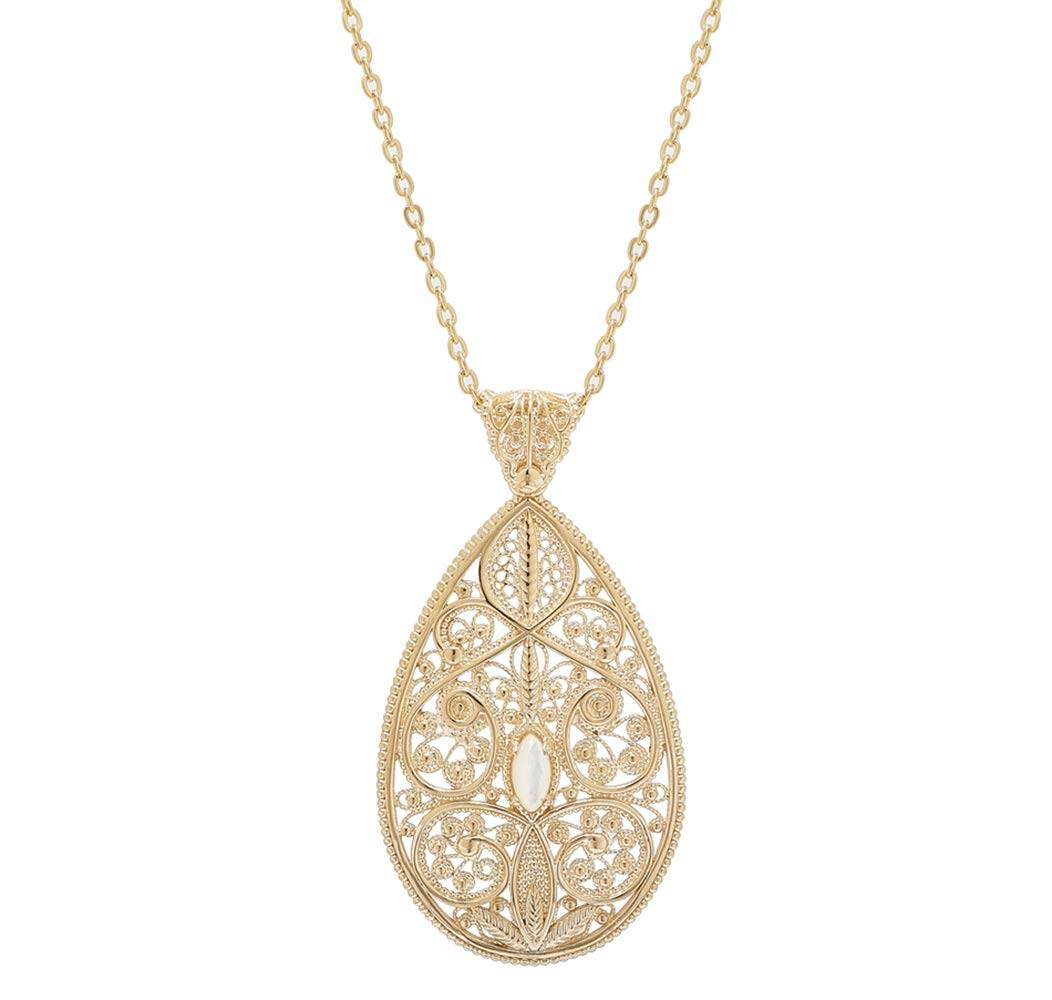 18K Gold Plated 10 x 5mm Gemstone Filigree Pendant - TurkishBling