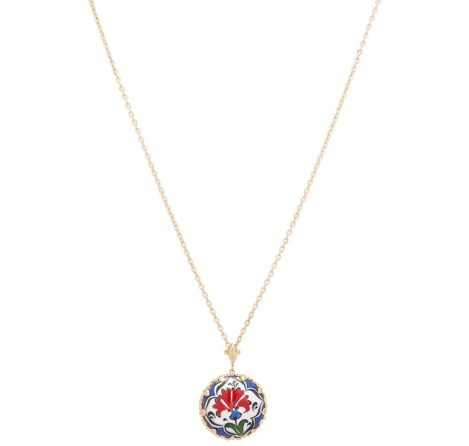 Floral Ceramic Pendant – Hand-Painted Design in 18k Gold over Bronze - TurkishBling