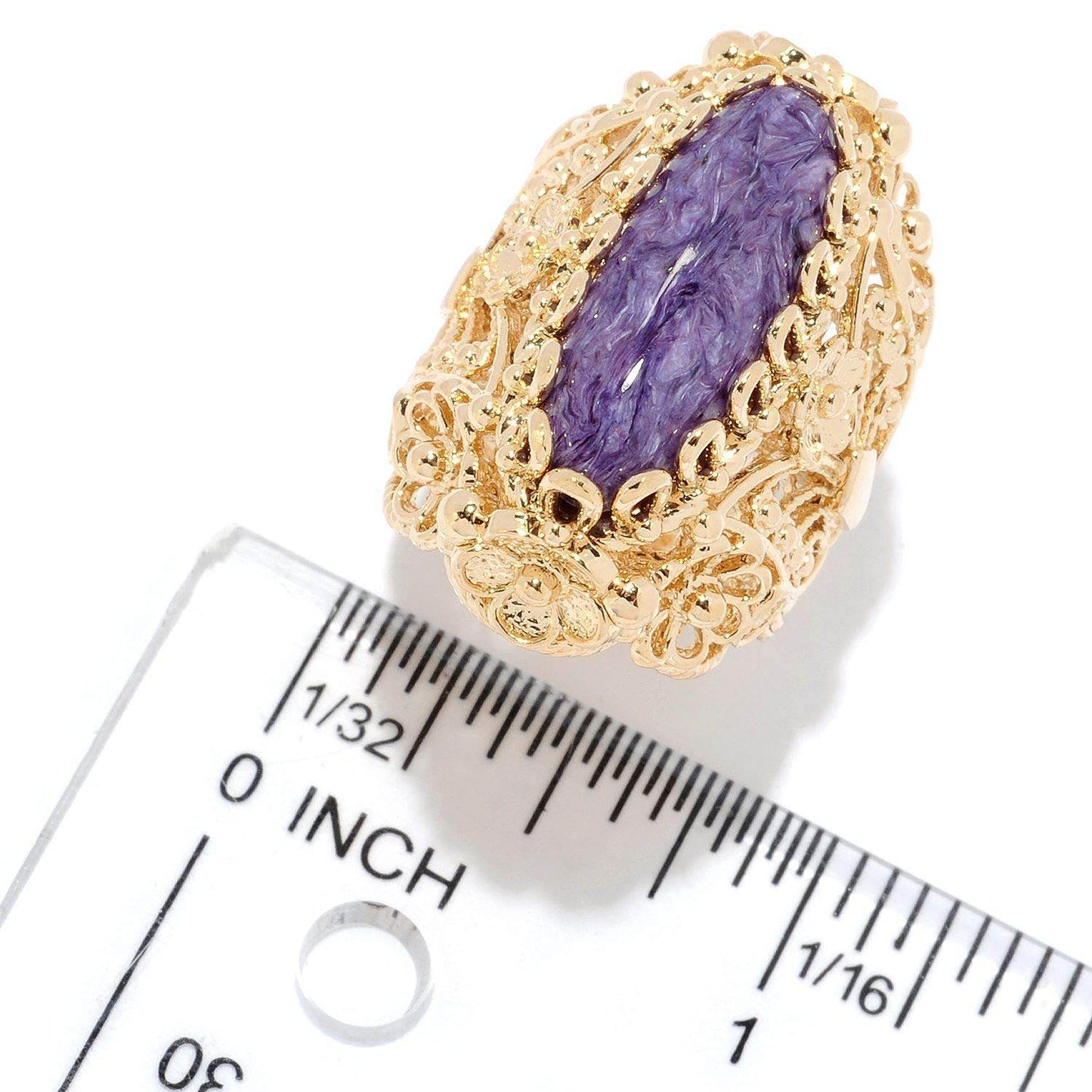 18K Gold Plated 22 x 8mm Charoite Filigree Ring - TurkishBling