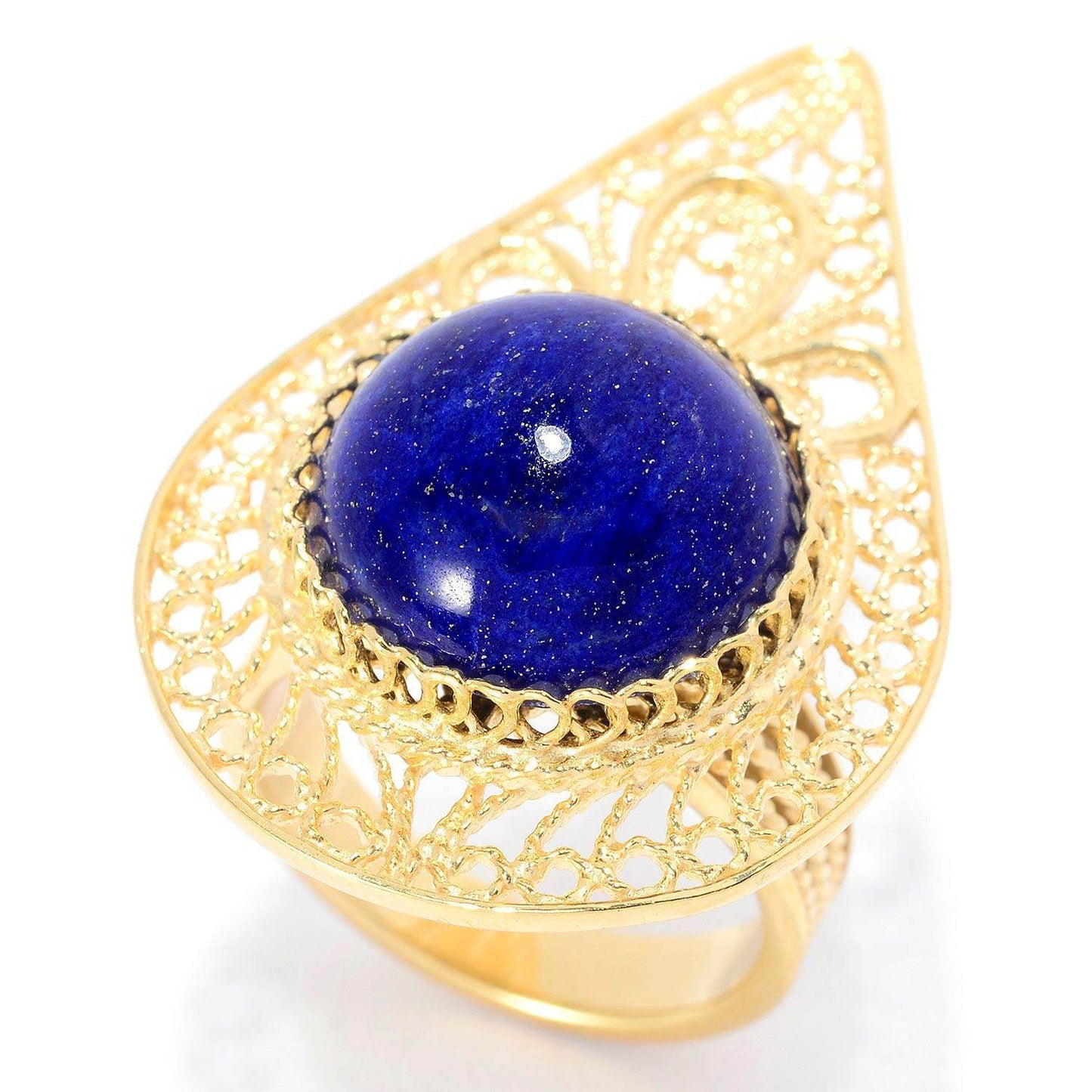 Statement size 14mm Round Lapis Cabochon Pear Shaped Filigree Ring - TurkishBling