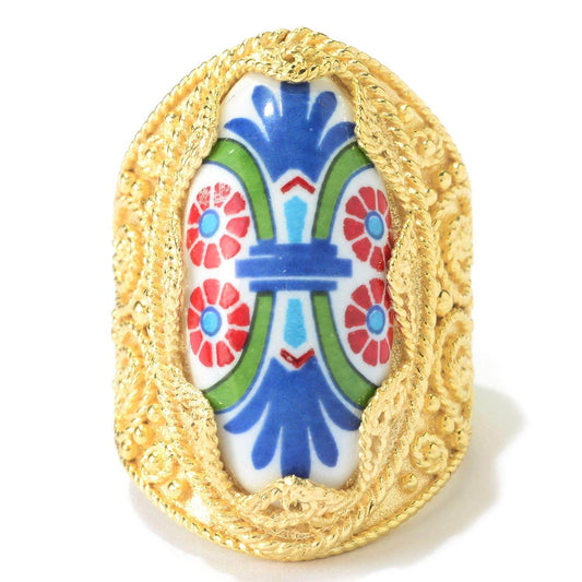 18K Gold Plated Hand-Painted Ceramic Ring - TurkishBling