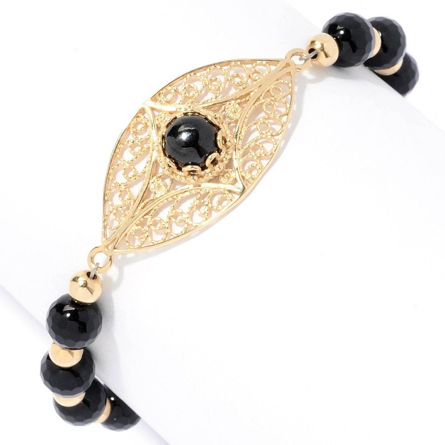 18K Gold Plated Black Onyx Bead Evil Eye Bracelet - TurkishBling