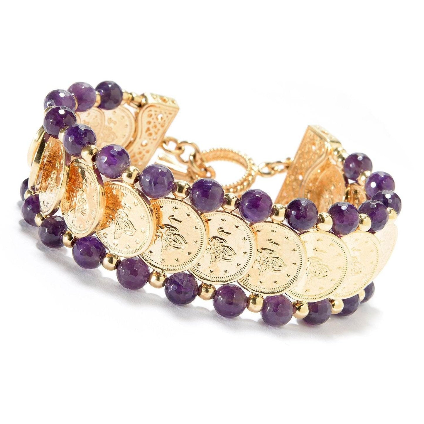 Gorgeous Turkish Coin Gem Statement Gold Bracelet . Lapis Agate Amethyst Blue Red - TurkishBling