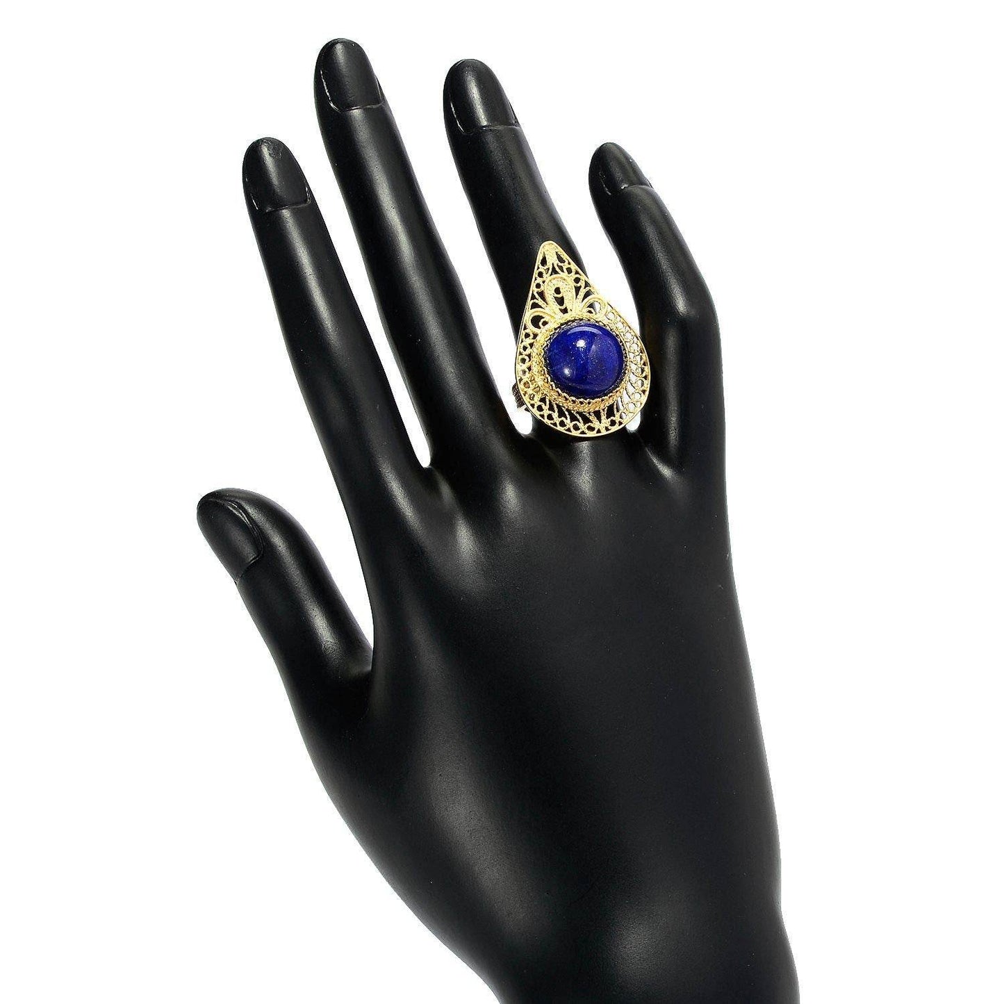 Statement size 14mm Round Lapis Cabochon Pear Shaped Filigree Ring - TurkishBling