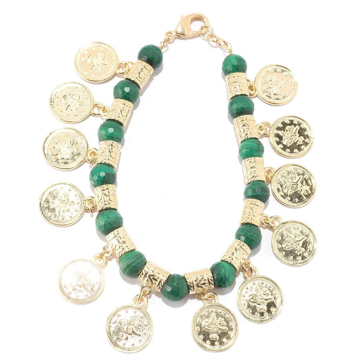 Ottoman Coin and Genuine Gemstone Turquoise Lapis Amethyst Malachite Carnelian White Agate Charm Bracelet - TurkishBling