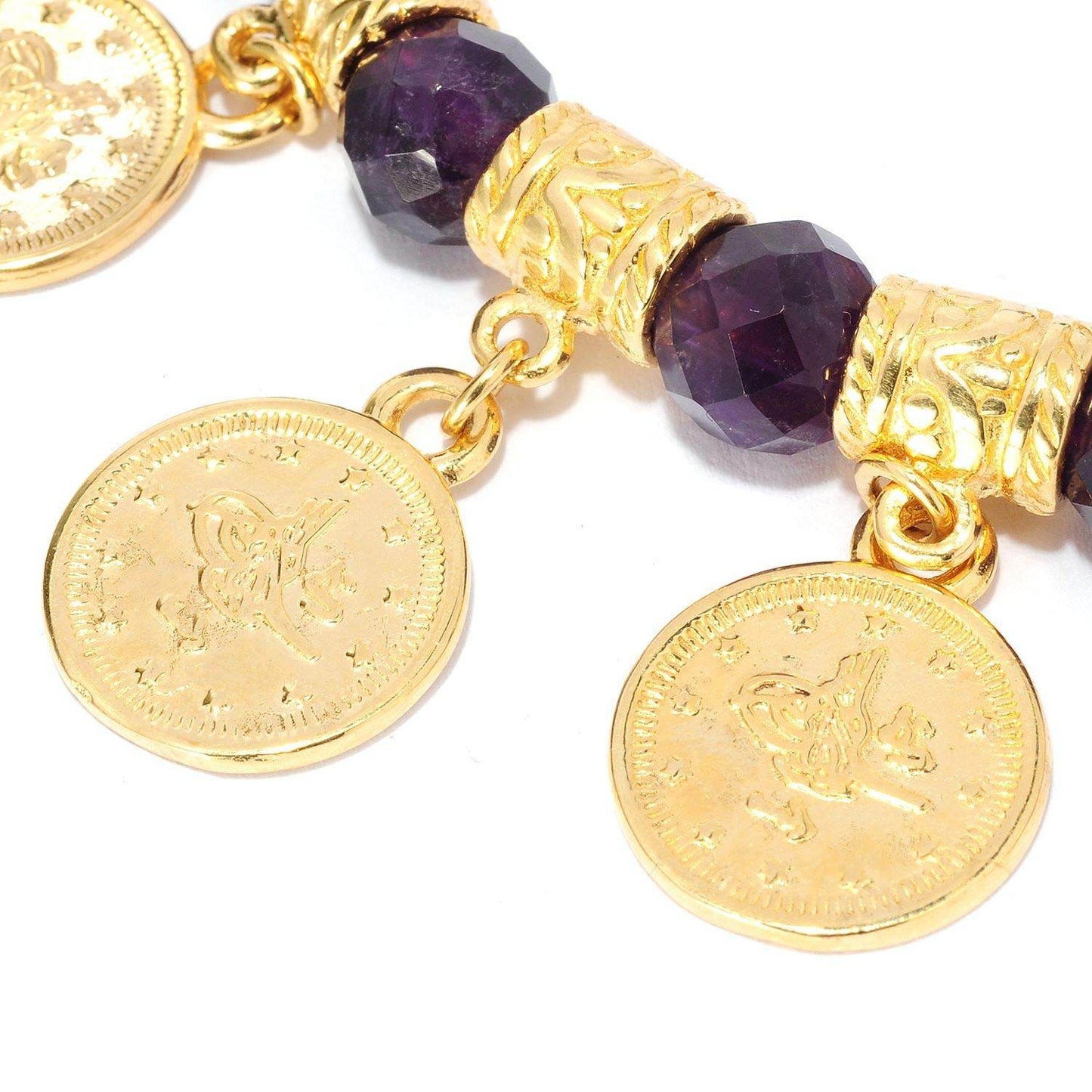 Ottoman Coin and Genuine Gemstone Turquoise Lapis Amethyst Malachite Carnelian White Agate Charm Bracelet - TurkishBling