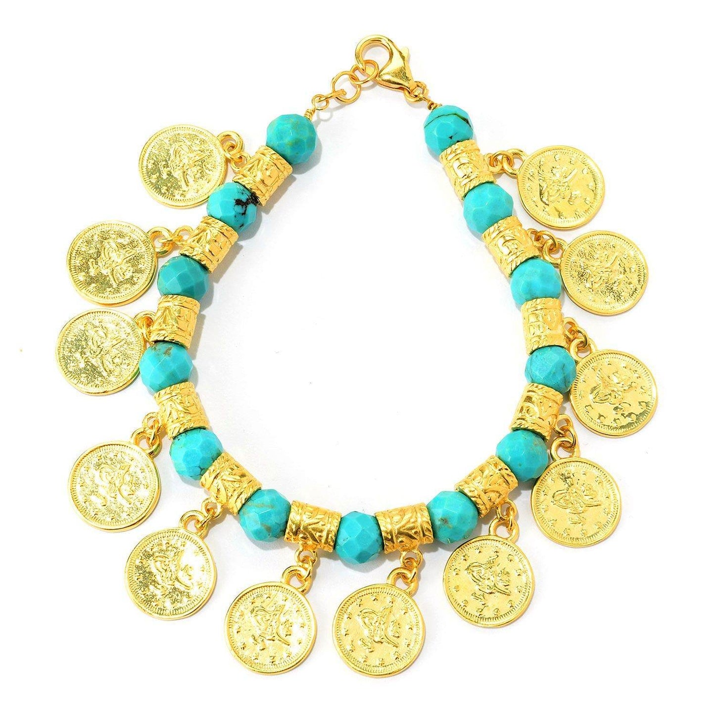 Ottoman Coin and Genuine Gemstone Turquoise Lapis Amethyst Malachite Carnelian White Agate Charm Bracelet - TurkishBling