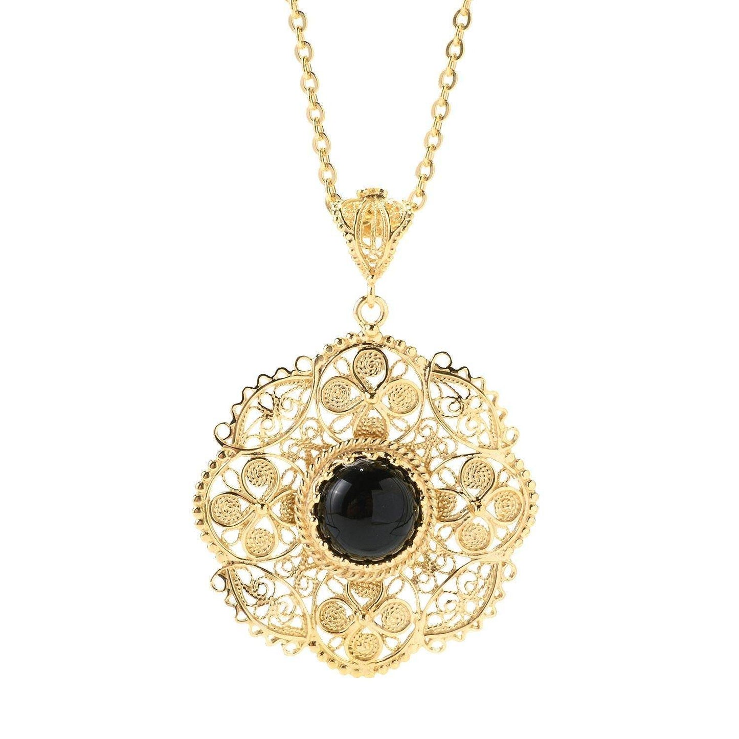 18K Gold Plated 12mm Gem & Flower Filigree Pendant - TurkishBling