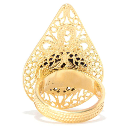 Statement size 14mm Round Lapis Cabochon Pear Shaped Filigree Ring - TurkishBling