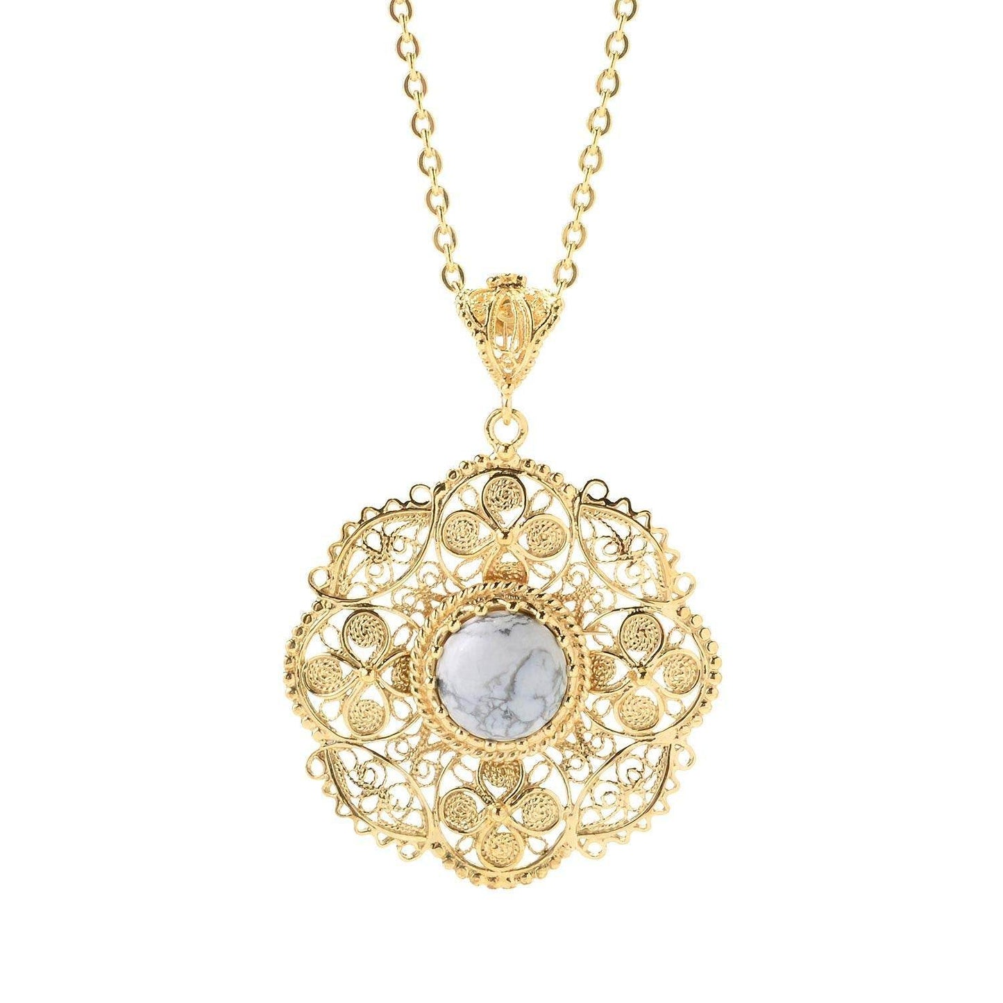 18K Gold Plated 12mm Gem & Flower Filigree Pendant - TurkishBling