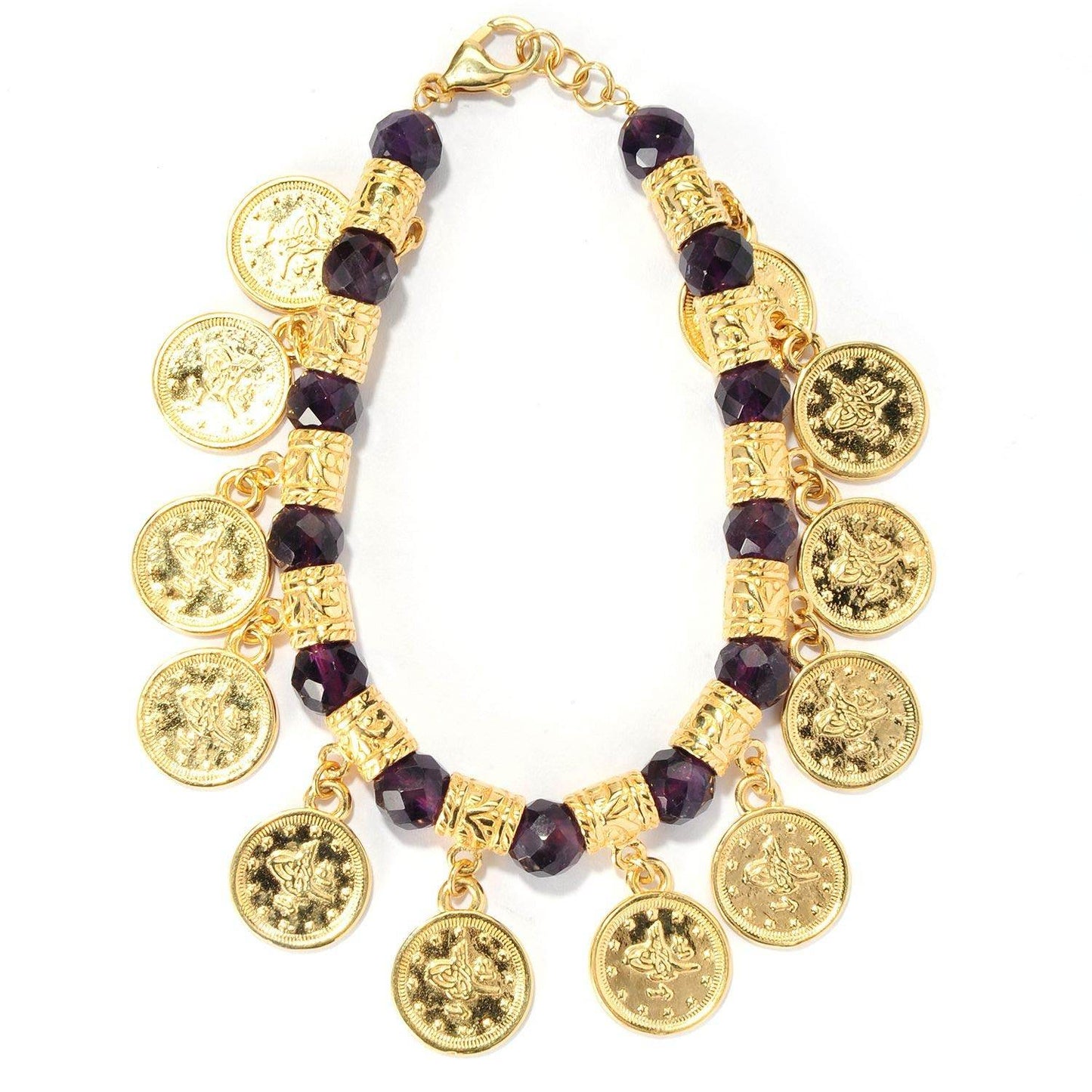 Ottoman Coin and Genuine Gemstone Turquoise Lapis Amethyst Malachite Carnelian White Agate Charm Bracelet - TurkishBling
